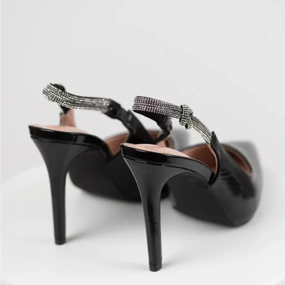 New Black Slingback Rhinestone Strap Pointed Heels size 10 - Picture 6 of 8